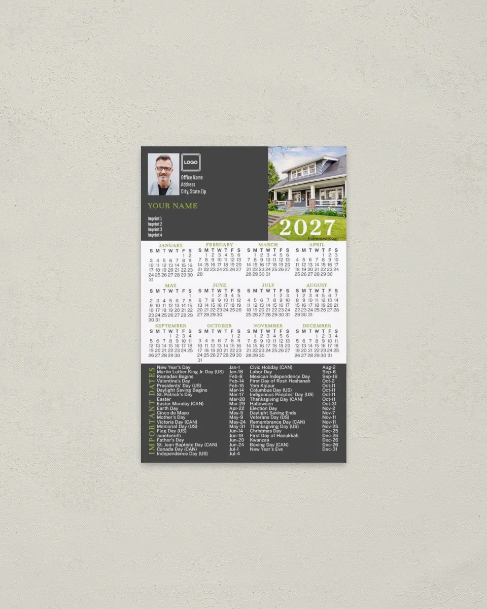 This is a 3.7" x 5.7" Full Magnet Calendar called Listed Dates printed in full color with a Standard Gloss finish
