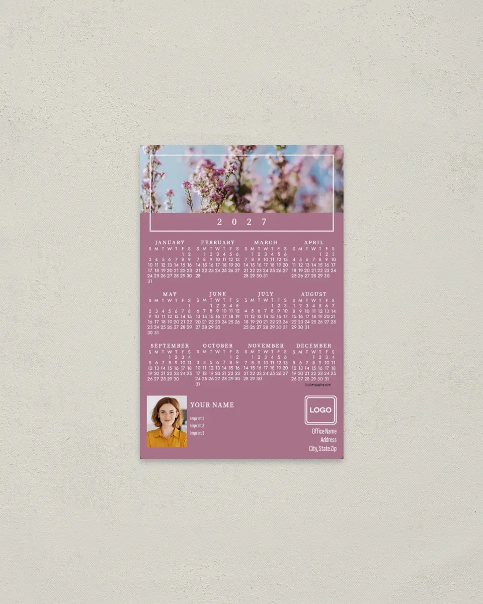 This is a 3.7" x 5.7" Full Magnet Calendar called Bordered Blossom printed in full color with a Standard Gloss finish