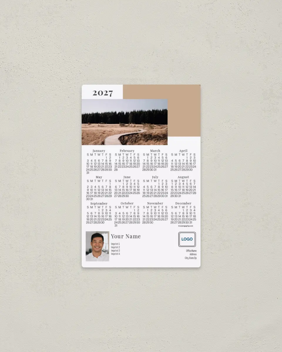 This is a 3.7" x 5.7" Full Magnet Calendar called Modern Path printed in full color with a Standard Gloss finish