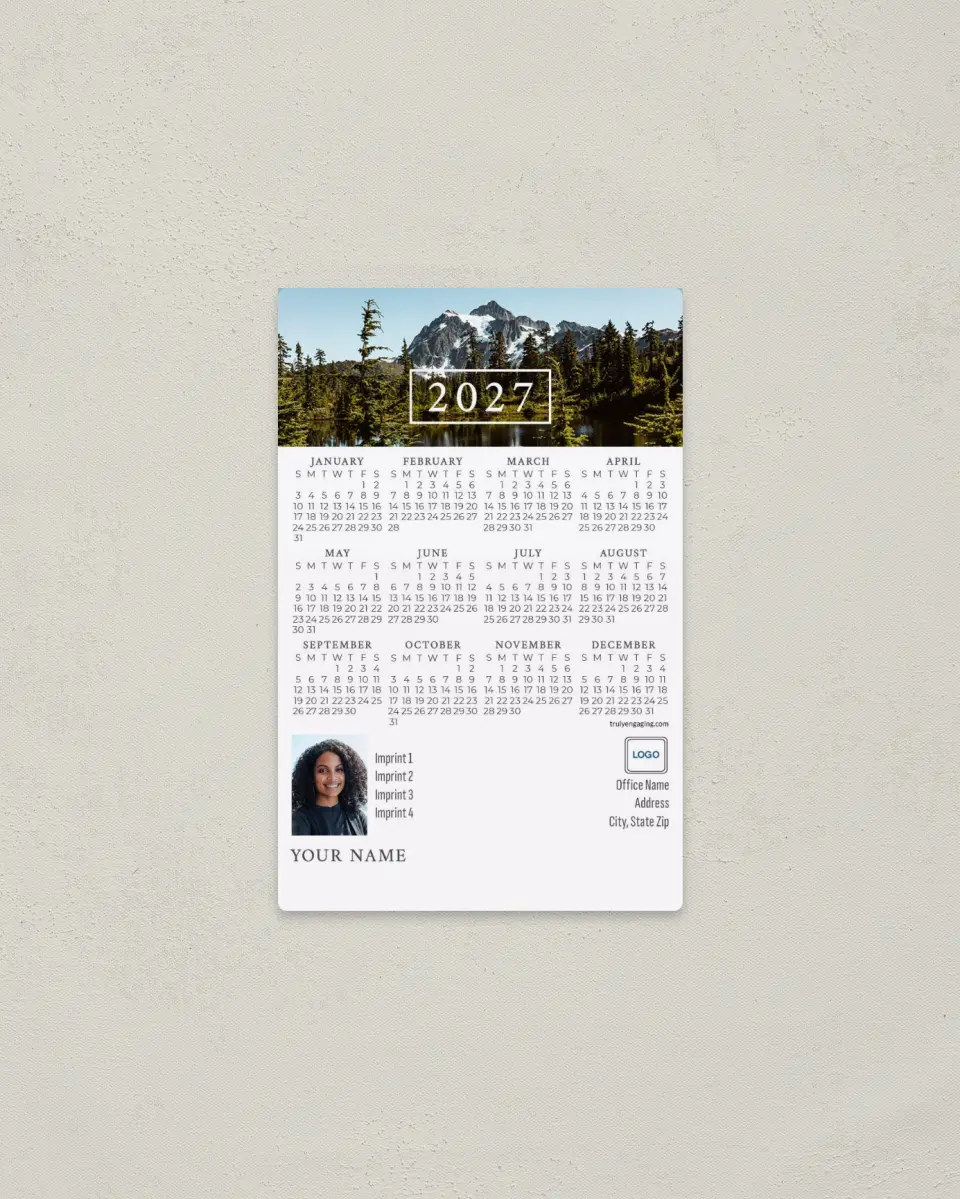 This is a 3.7" x 5.7" Full Magnet Calendar called Serene Vista printed in full color with a Standard Gloss finish