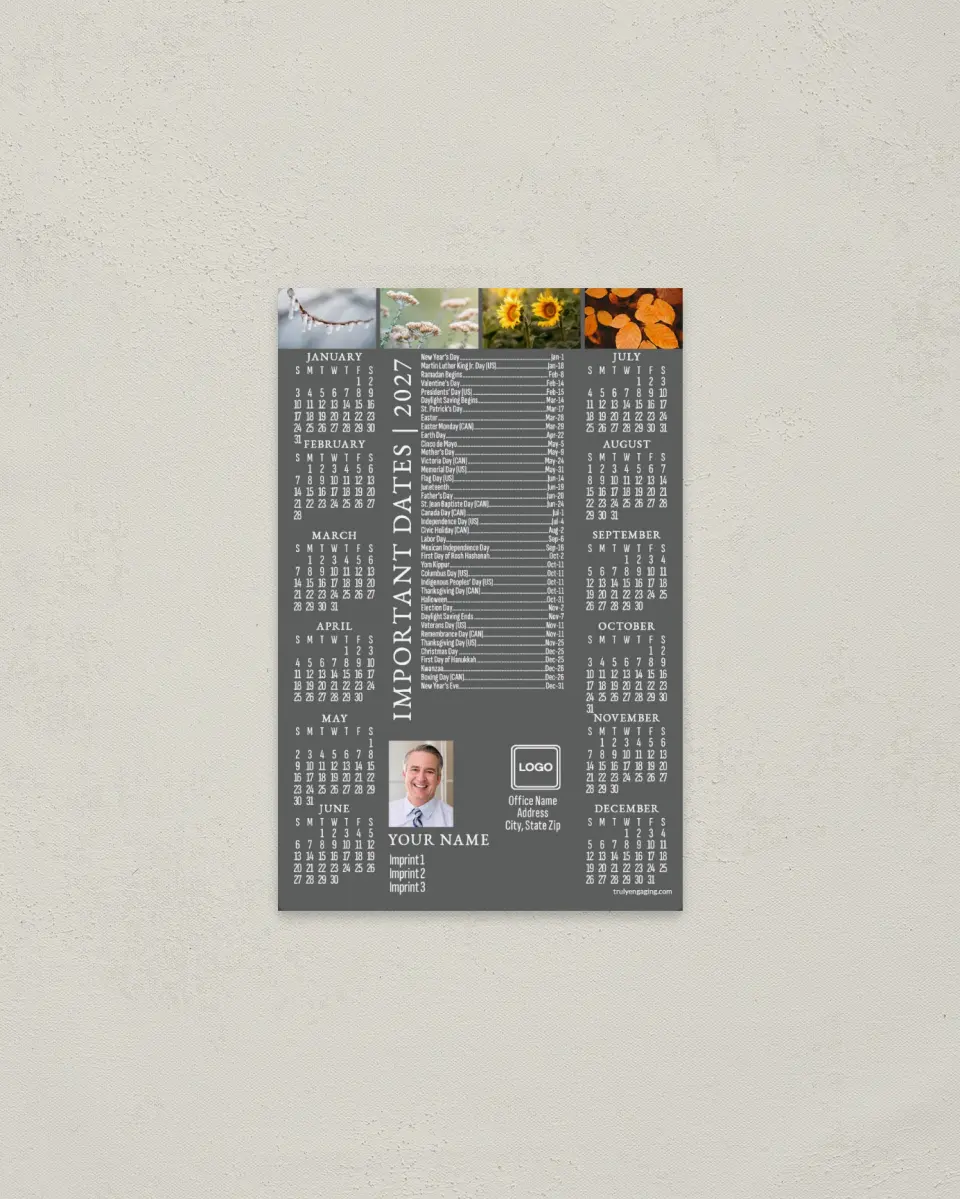 This is a 3.7" x 5.7" Full Magnet Calendar called Seasonal Dates printed in full color with a Standard Gloss finish
