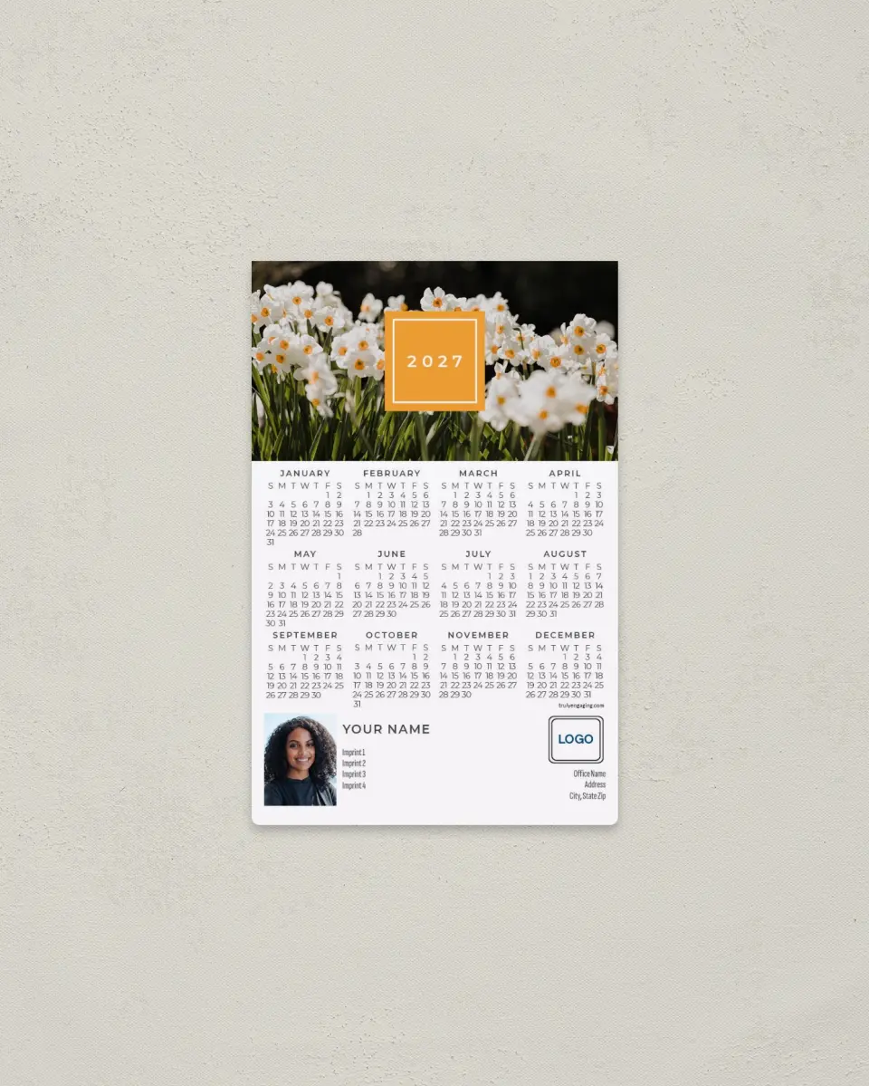 This is a 3.7" x 5.7" Full Magnet Calendar called Daffodil Display printed in full color with a Standard Gloss finish