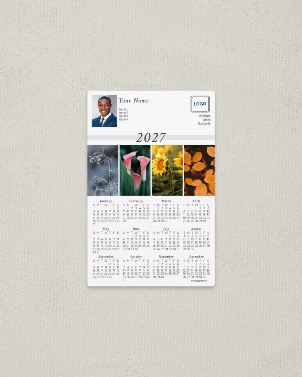 This is a 3.7" x 5.7" Full Magnet Calendar called Floral Year printed in full color with a Standard Gloss finish