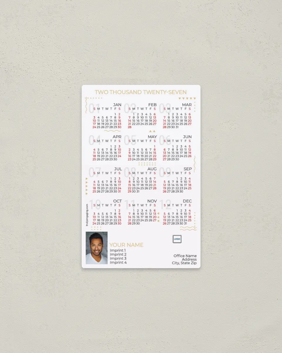 This is a 3.7" x 5.7" Full Magnet Calendar called Decorative Marks printed in full color with a Standard Gloss finish