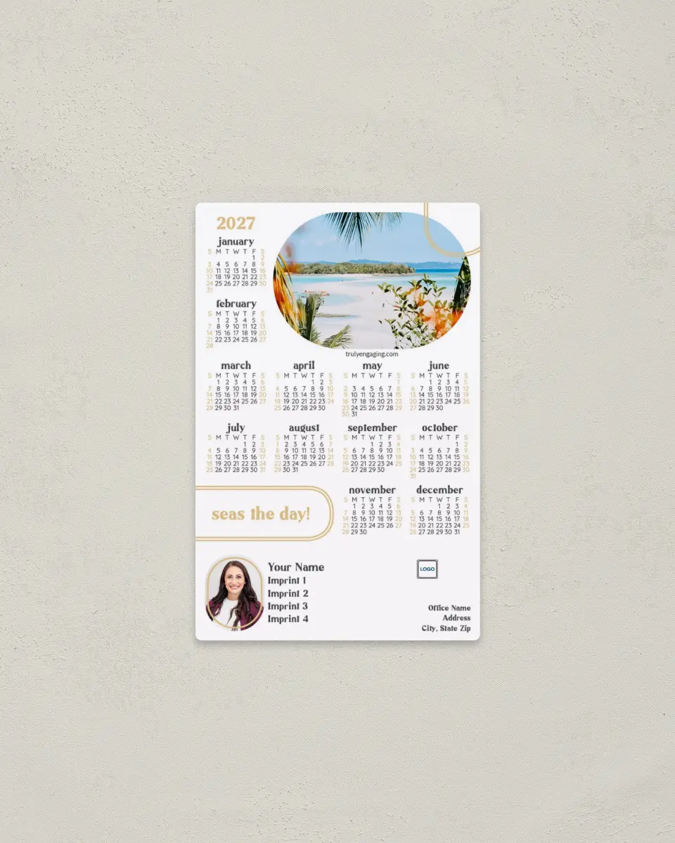 This is a 3.7" x 5.7" Full Magnet Calendar called Seas the Day printed in full color with a Standard Gloss finish