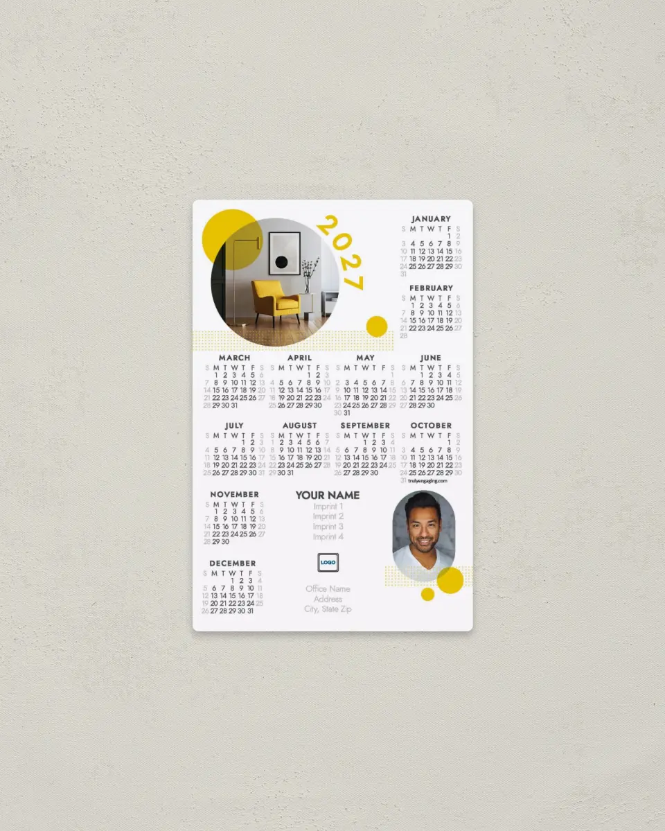 This is a 3.7" x 5.7" Full Magnet Calendar called Pop Circle printed in full color with a Standard Gloss finish