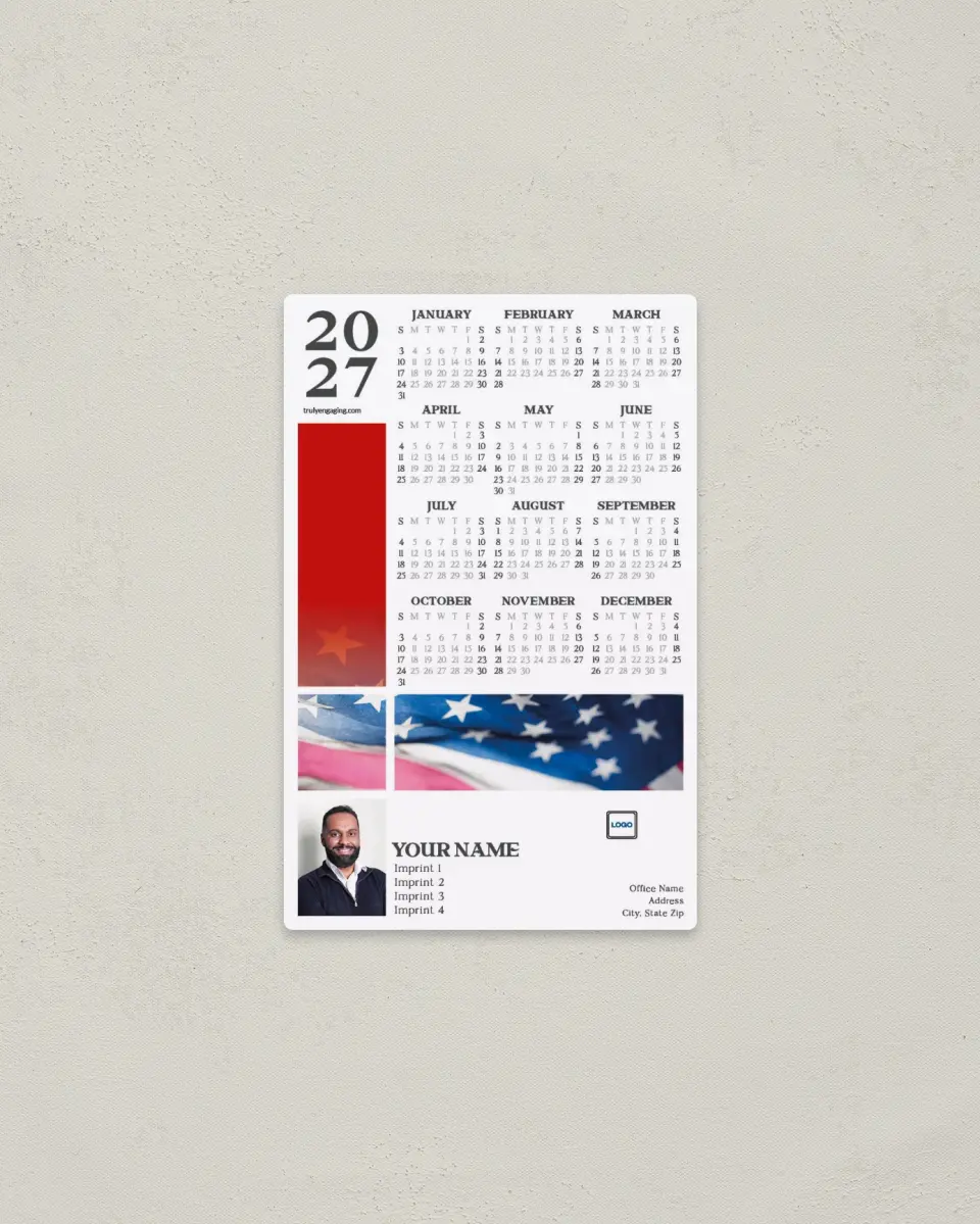This is a 3.7" x 5.7" Full Magnet Calendar called Patriotic Gradient printed in full color with a Standard Gloss finish