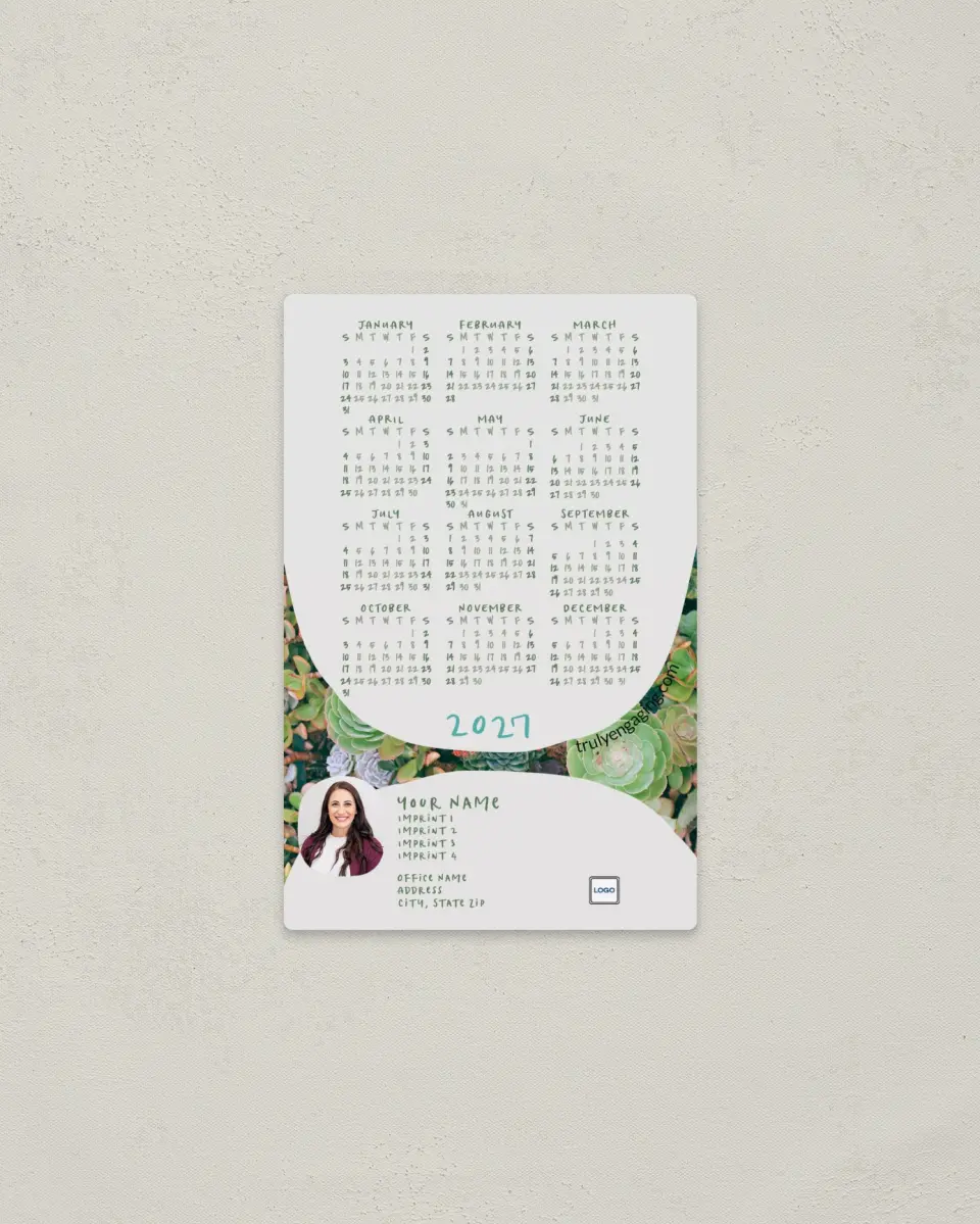 This is a 3.7" x 5.7" Full Magnet Calendar called Abundant Succulent printed in full color with a Standard Gloss finish
