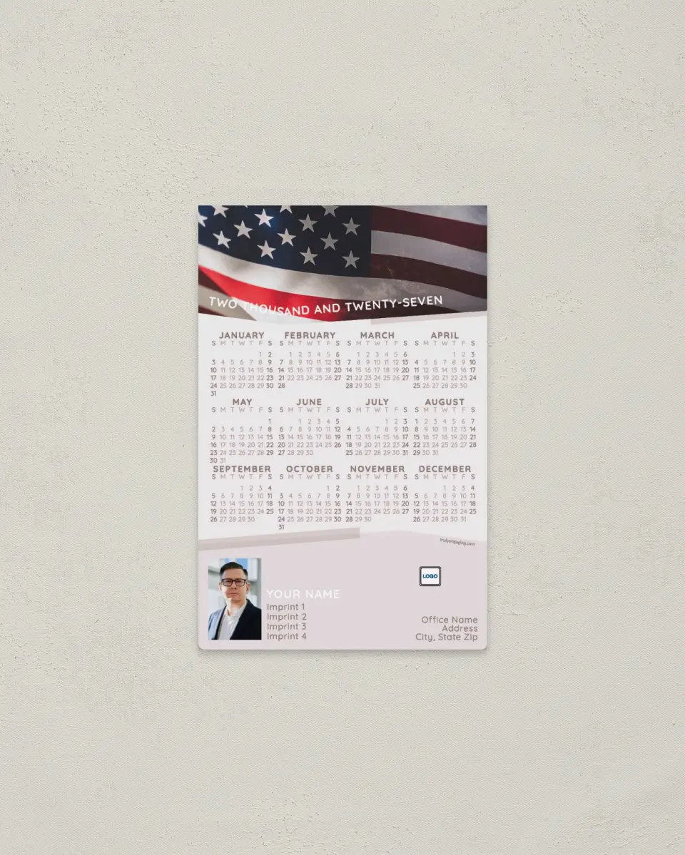 This is a 3.7" x 5.7" Full Magnet Calendar called Angular Flag printed in full color with a Standard Gloss finish