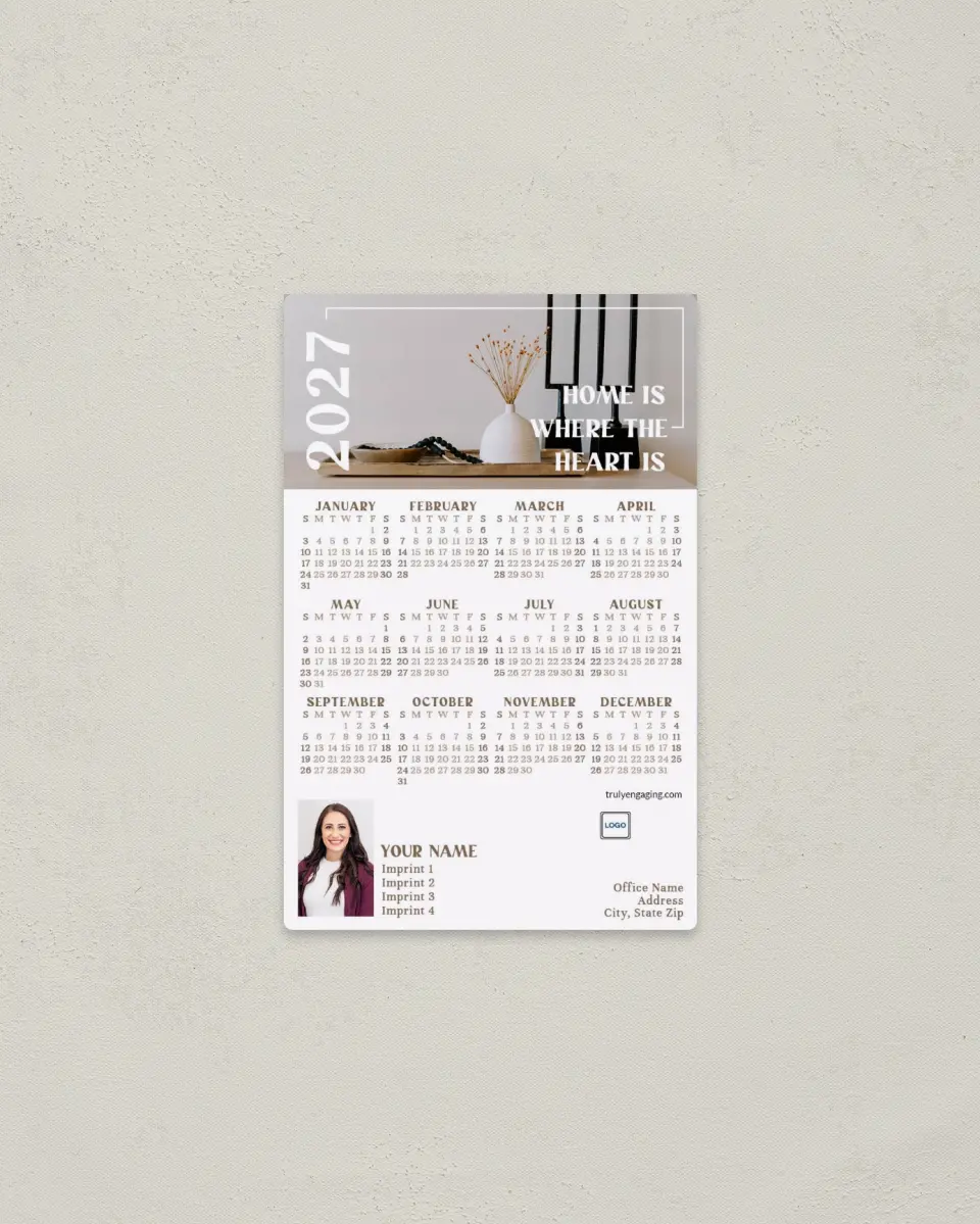 This is a 3.7" x 5.7" Full Magnet Calendar called Home Border printed in full color with a Standard Gloss finish