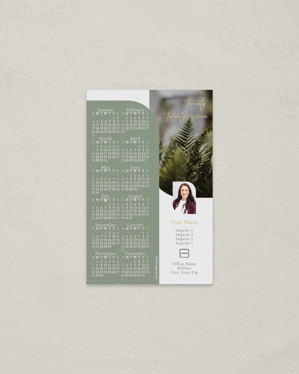 This is a 3.7" x 5.7" Full Magnet Calendar called Fern Arc printed in full color with a Standard Gloss finish