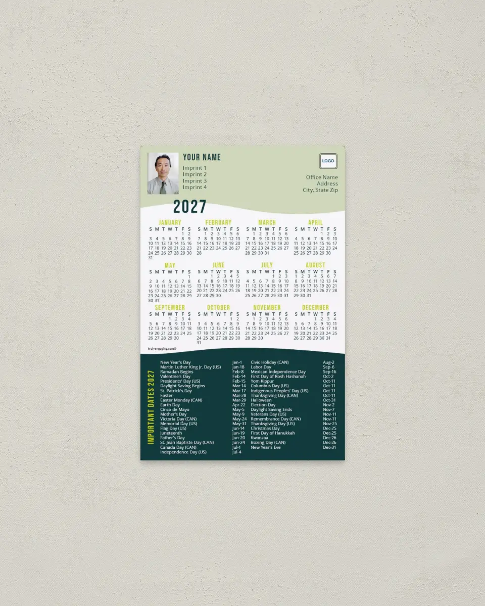 This is a 3.7" x 5.7" Full Magnet Calendar called Clean Contour printed in full color with a Standard Gloss finish