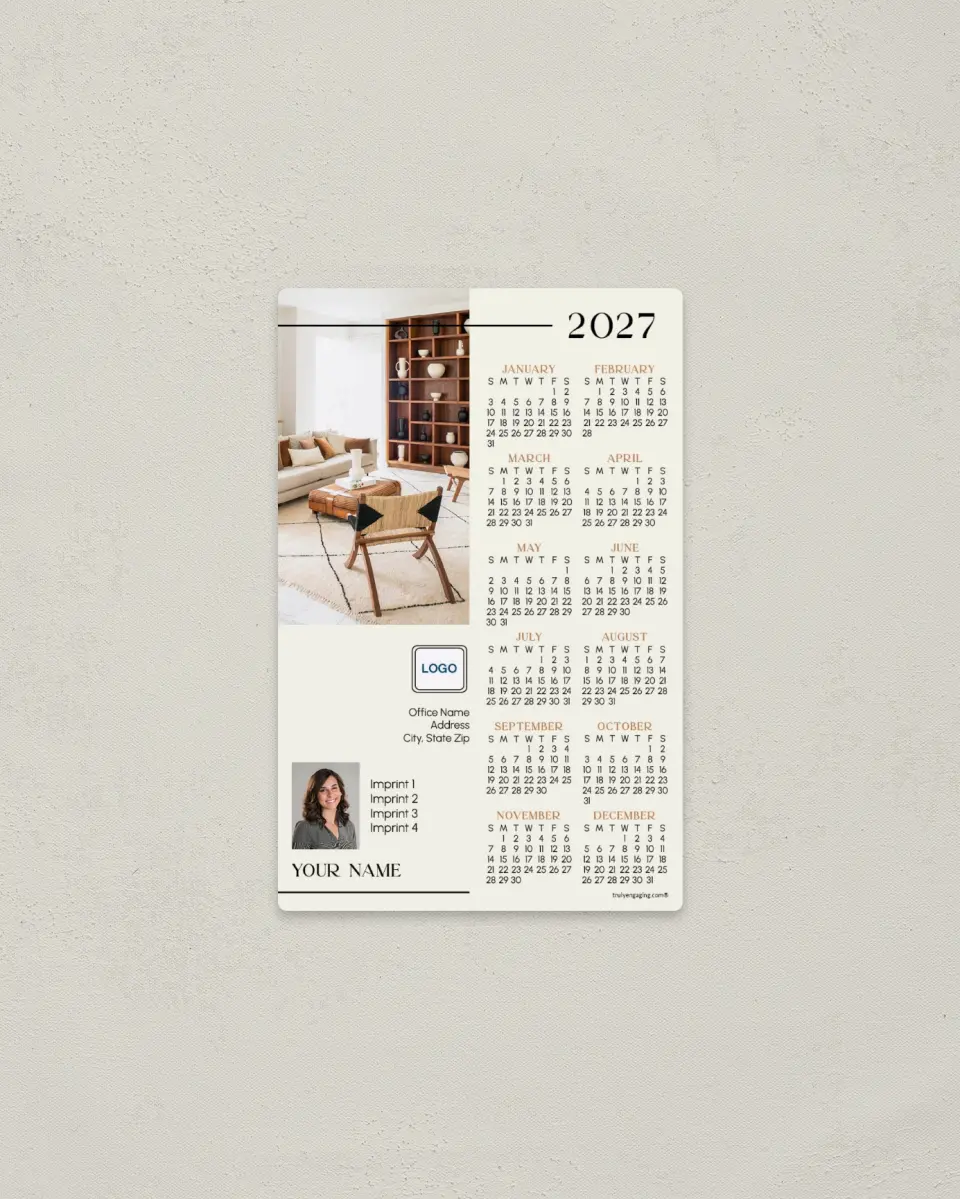 This is a 3.7" x 5.7" Full Magnet Calendar called Trendy Room printed in full color with a Standard Gloss finish