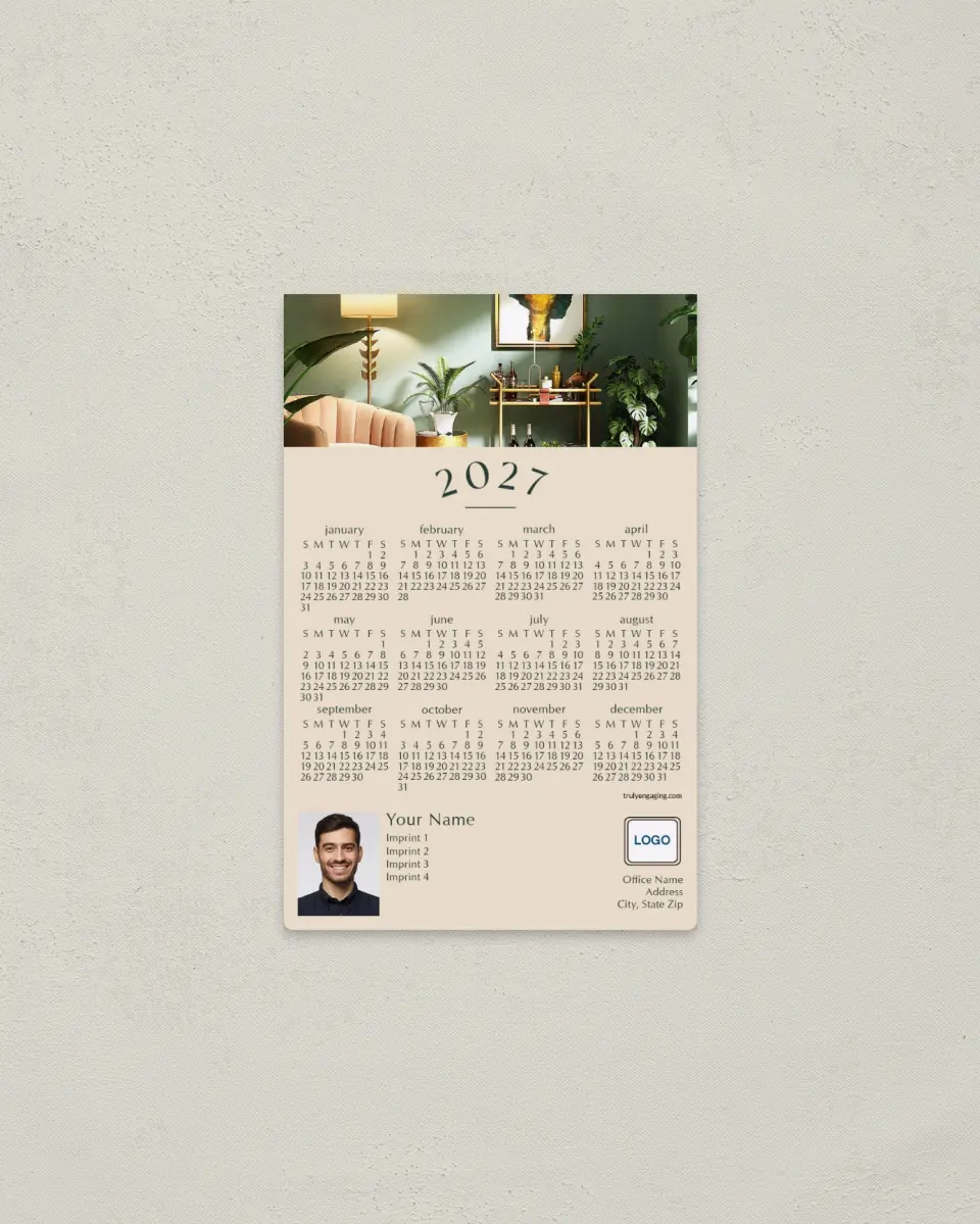 This is a 3.7" x 5.7" Full Magnet Calendar called Swanky Style printed in full color with a Standard Gloss finish