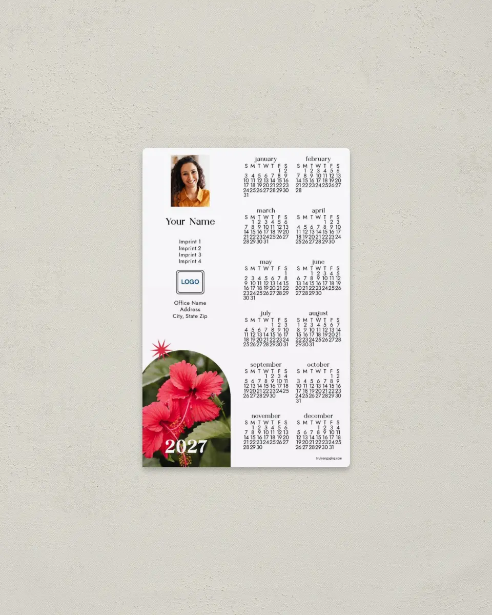 This is a 3.7" x 5.7" Full Magnet Calendar called Hibiscus Arch printed in full color with a Standard Gloss finish