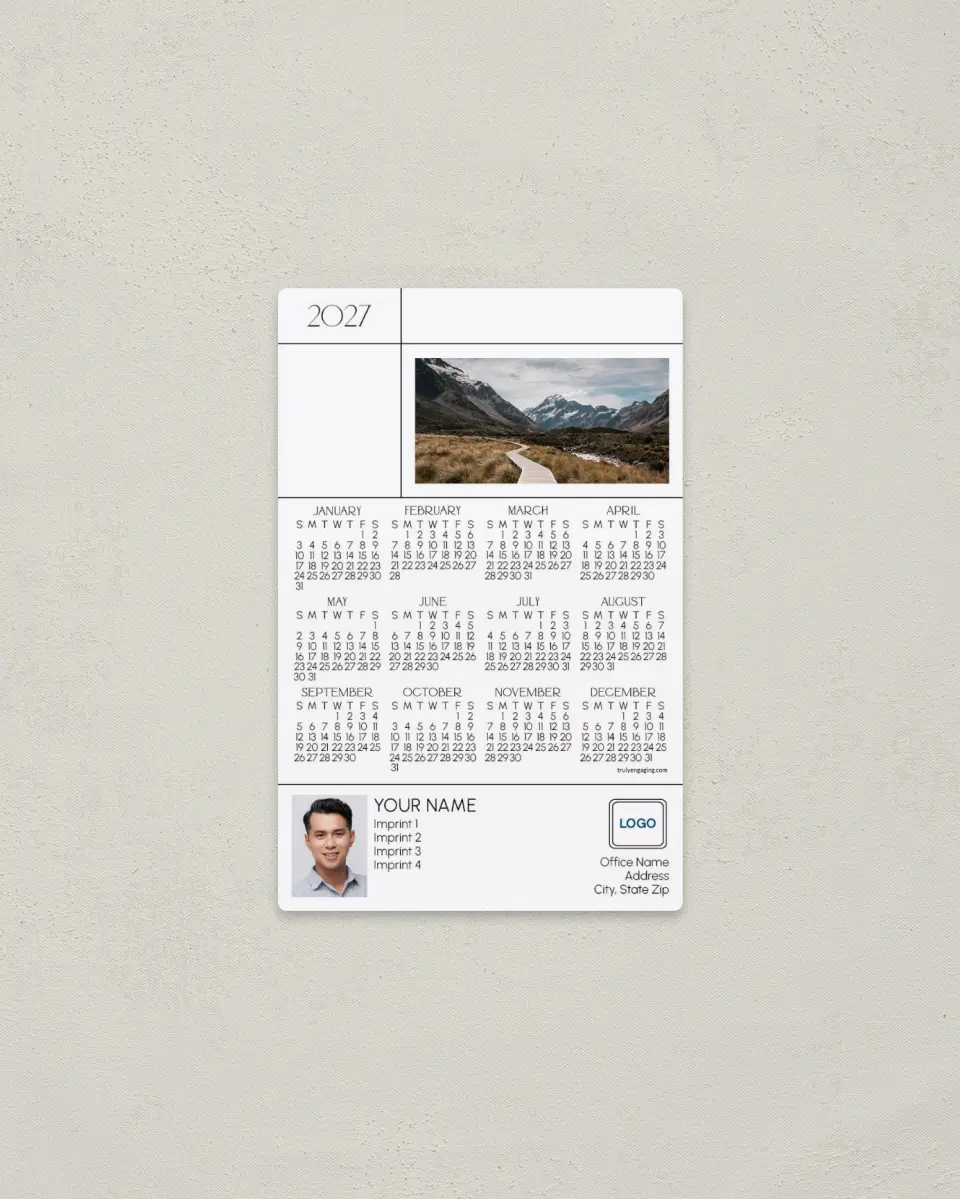 This is a 3.7" x 5.7" Full Magnet Calendar called Clean Grid printed in full color with a Standard Gloss finish