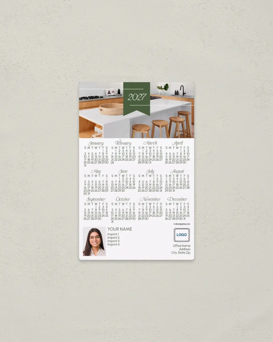 This is a 3.7" x 5.7" Full Magnet Calendar called Year Pennant printed in full color with a Standard Gloss finish