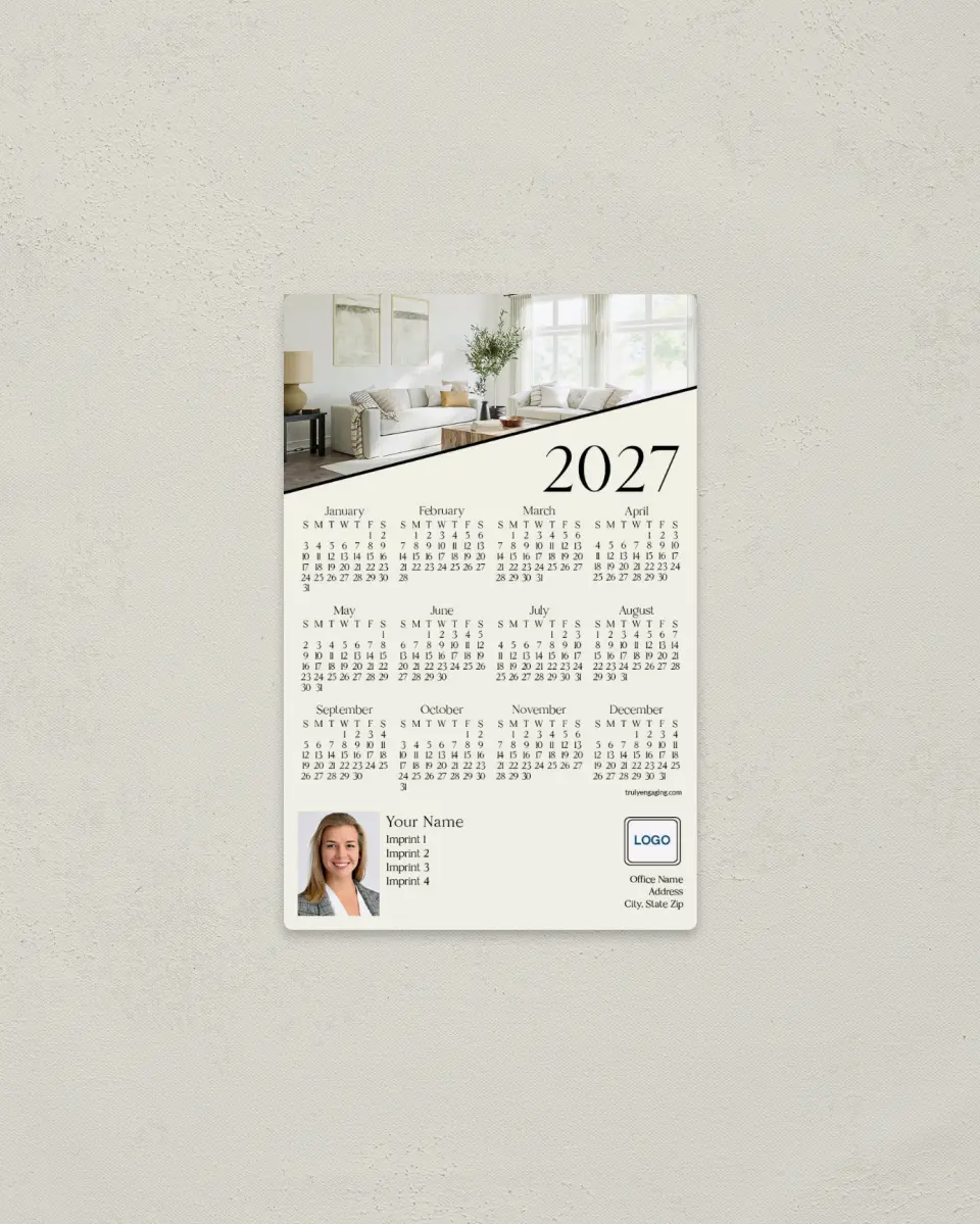 This is a 3.7" x 5.7" Full Magnet Calendar called Diagonal Dates printed in full color with a Standard Gloss finish