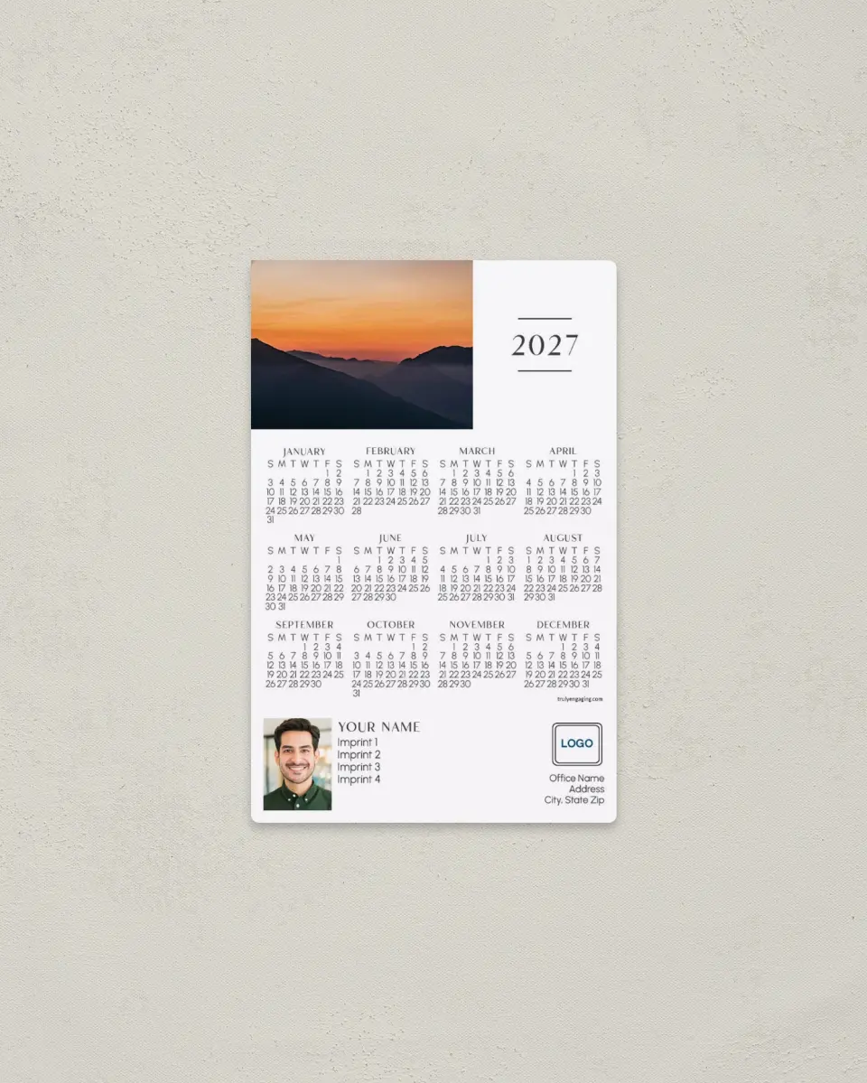 This is a 3.7" x 5.7" Full Magnet Calendar called Serene Sunrise printed in full color with a Standard Gloss finish