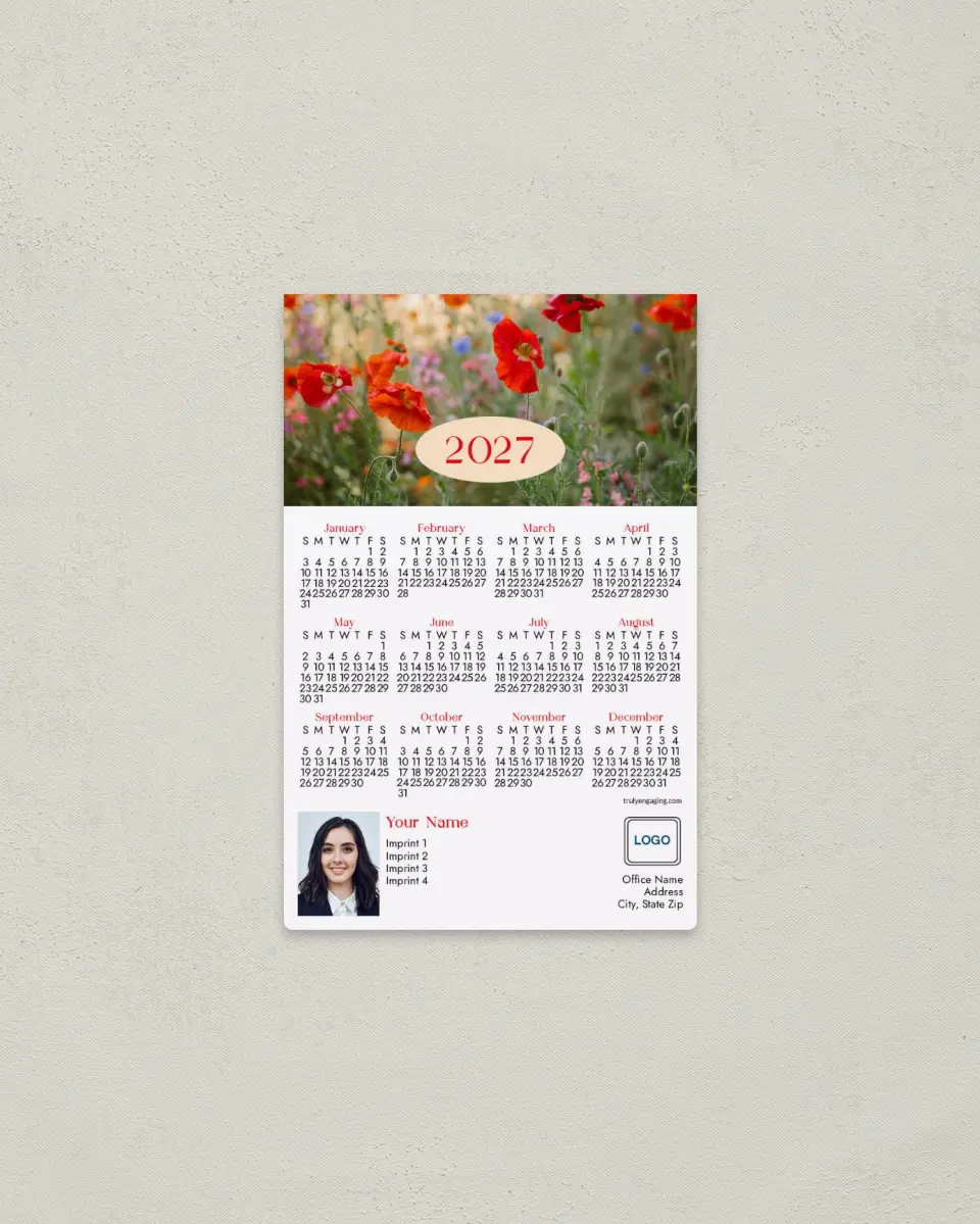 This is a 3.7" x 5.7" Full Magnet Calendar called Poppy Garden printed in full color with a Standard Gloss finish
