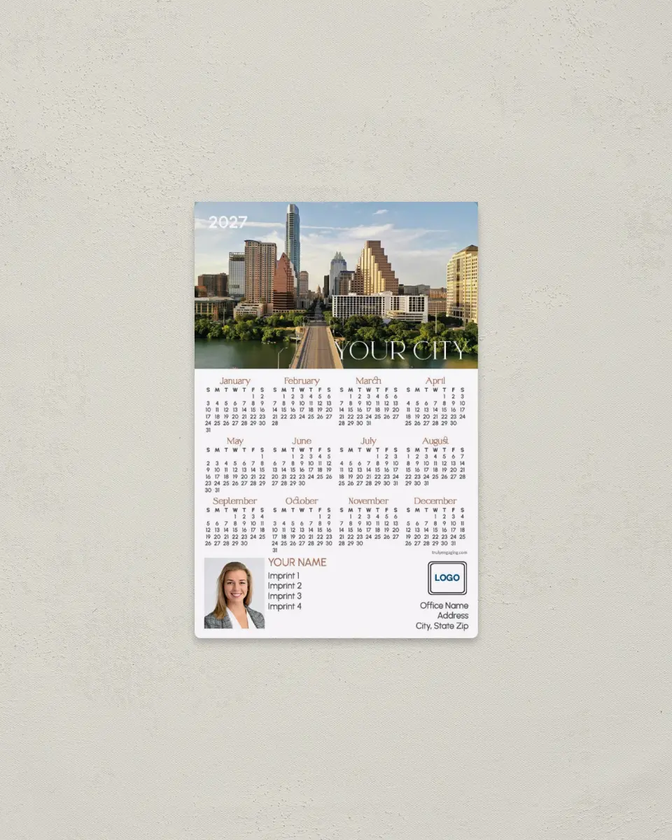 This is a 3.7" x 5.7" Full Magnet Calendar called Tailored Skyline printed in full color with a Standard Gloss finish