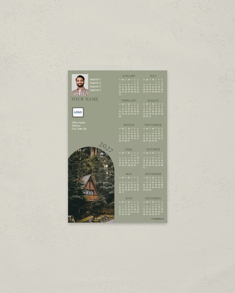 This is a 3.7" x 5.7" Full Magnet Calendar called Cozy Cabin printed in full color with a Standard Gloss finish