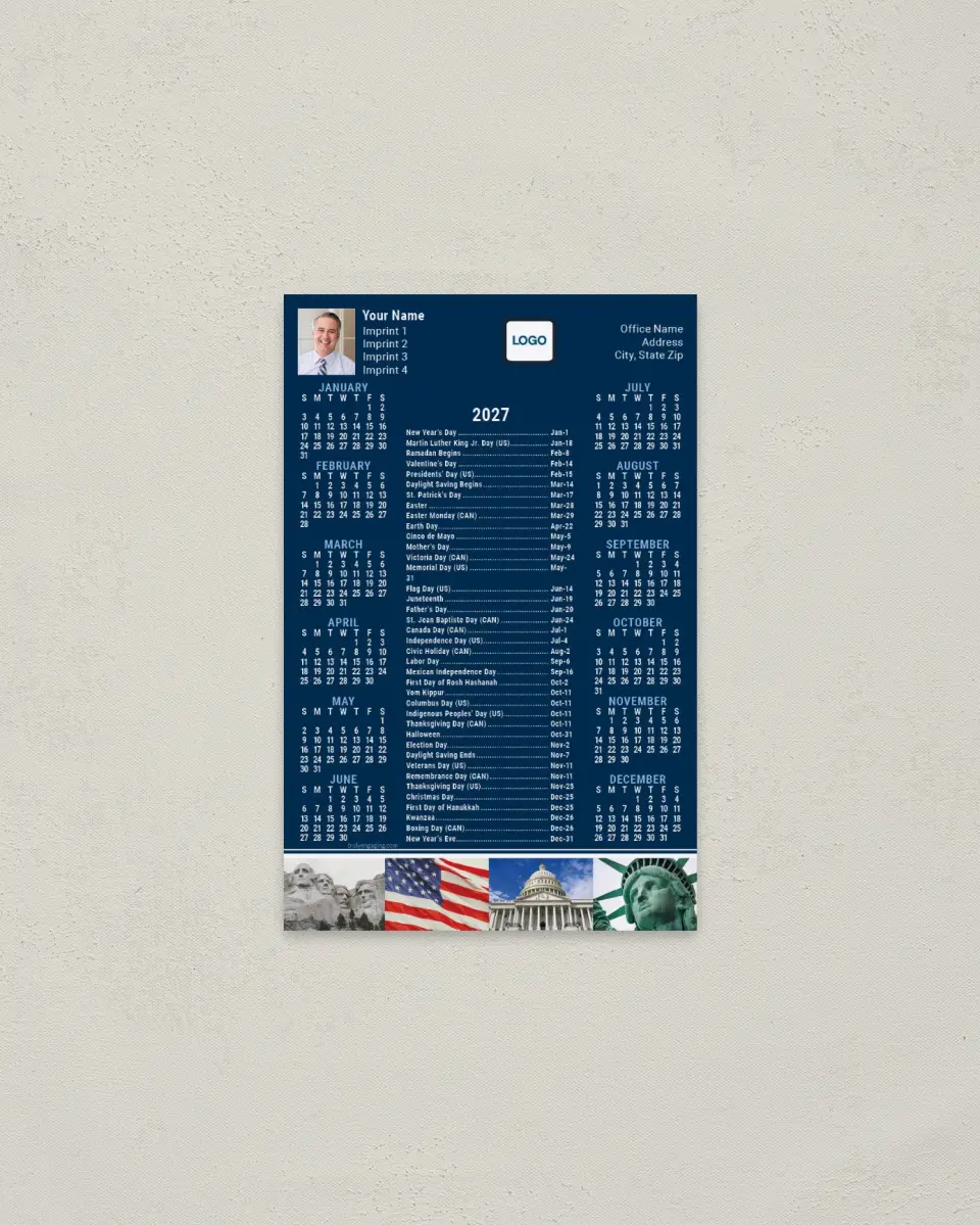 This is a 3.7" x 5.7" Full Magnet Calendar called Patriot's Planner printed in full color with a Standard Gloss finish