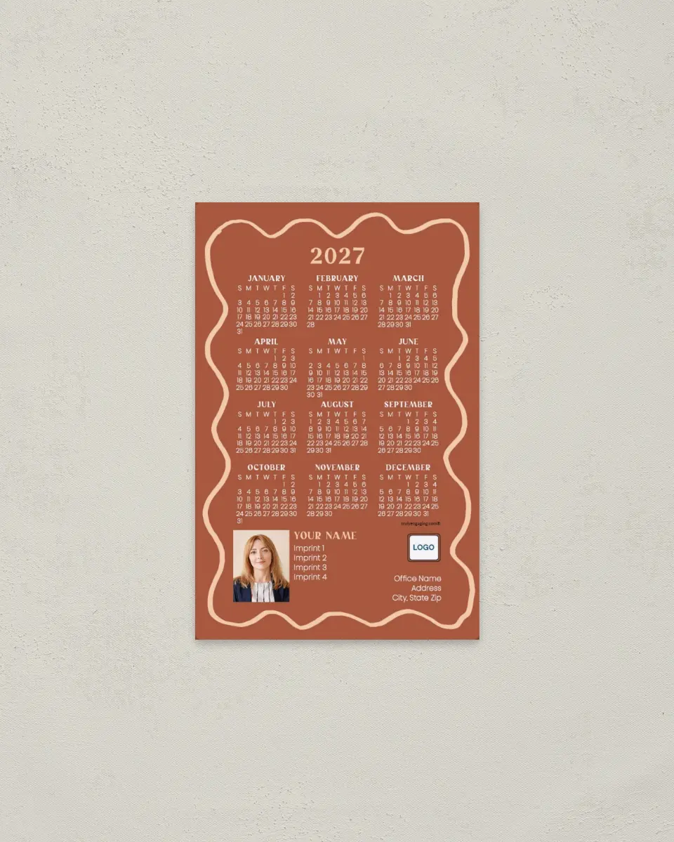 This is a 3.7" x 5.7" Full Magnet Calendar called Playful Waves printed in full color with a Standard Gloss finish