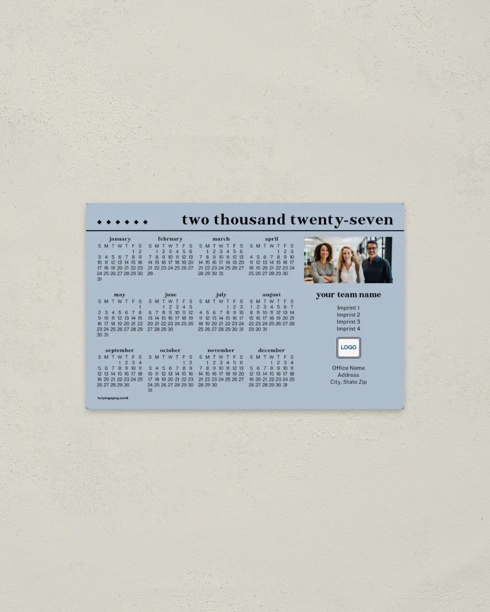 This is a 3.7" x 5.7" Full Magnet Calendar called Serenity Slate printed in full color with a Standard Gloss finish