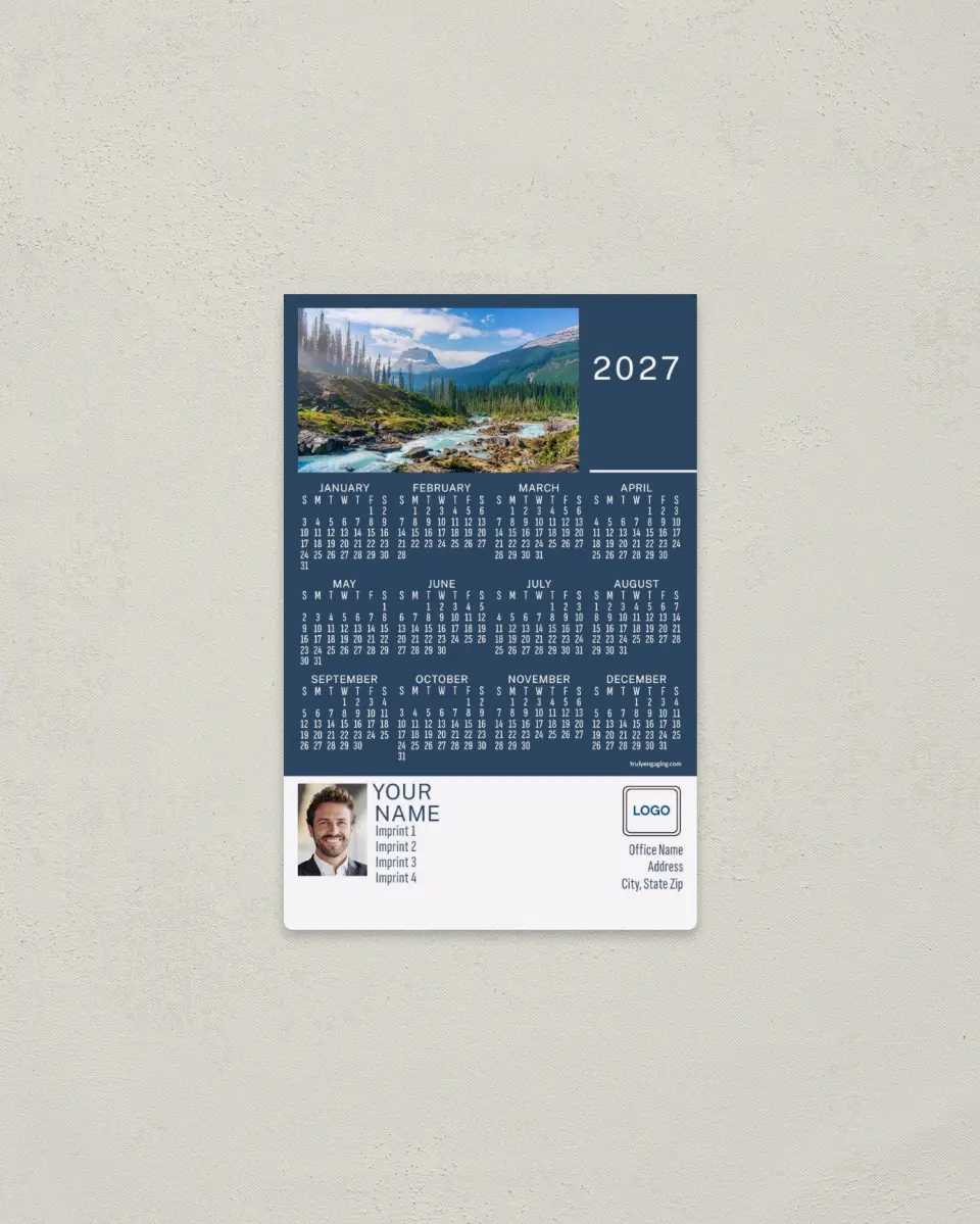 This is a 3.7" x 5.7" Full Magnet Calendar called Tranquil Falls printed in full color with a Standard Gloss finish