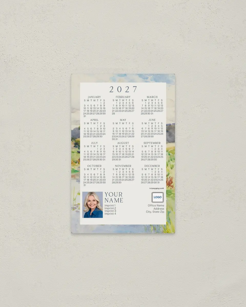 This is a 3.7" x 5.7" Full Magnet Calendar called Blossom Border printed in full color with a Standard Gloss finish