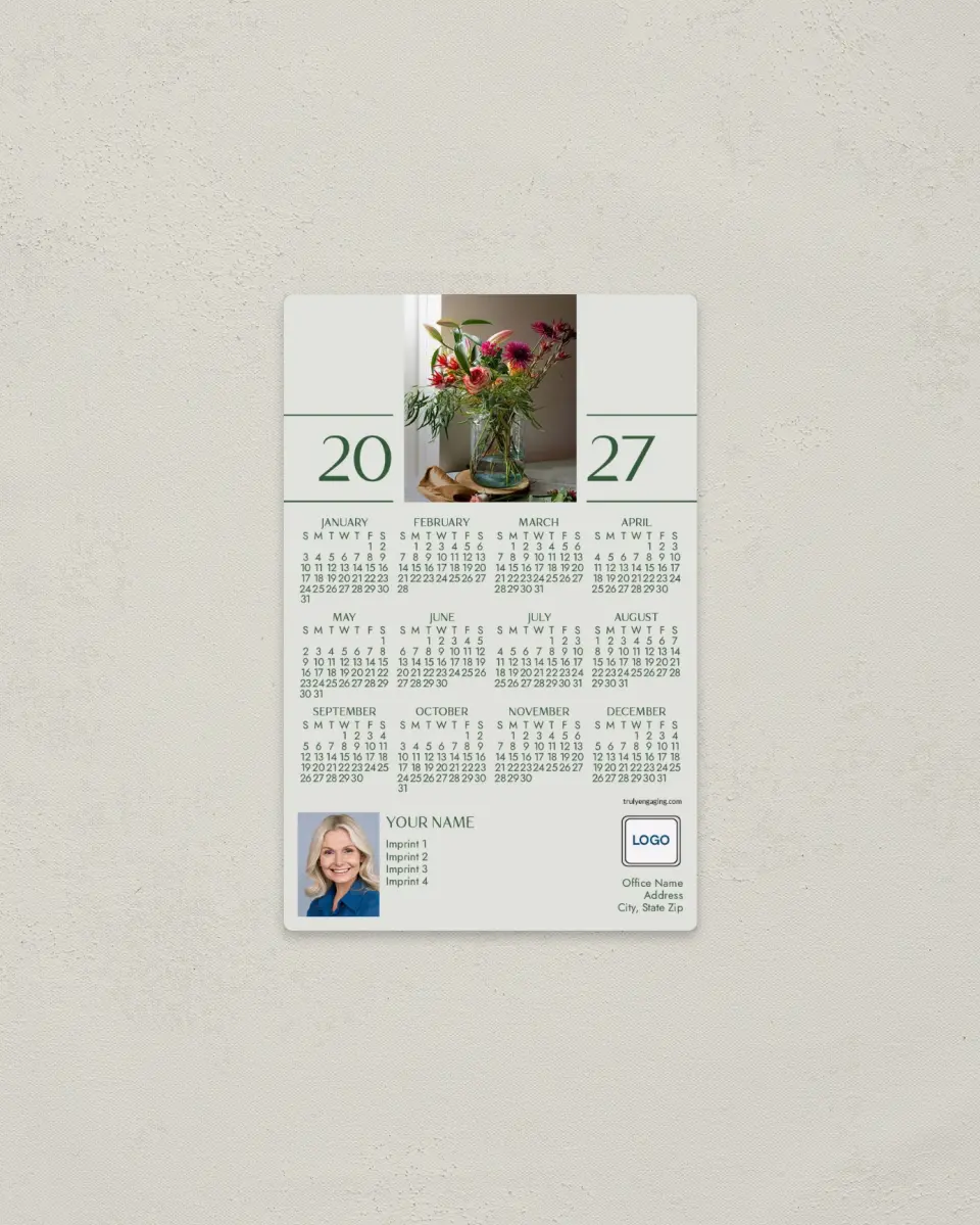 This is a 3.7" x 5.7" Full Magnet Calendar called Garden Party printed in full color with a Standard Gloss finish