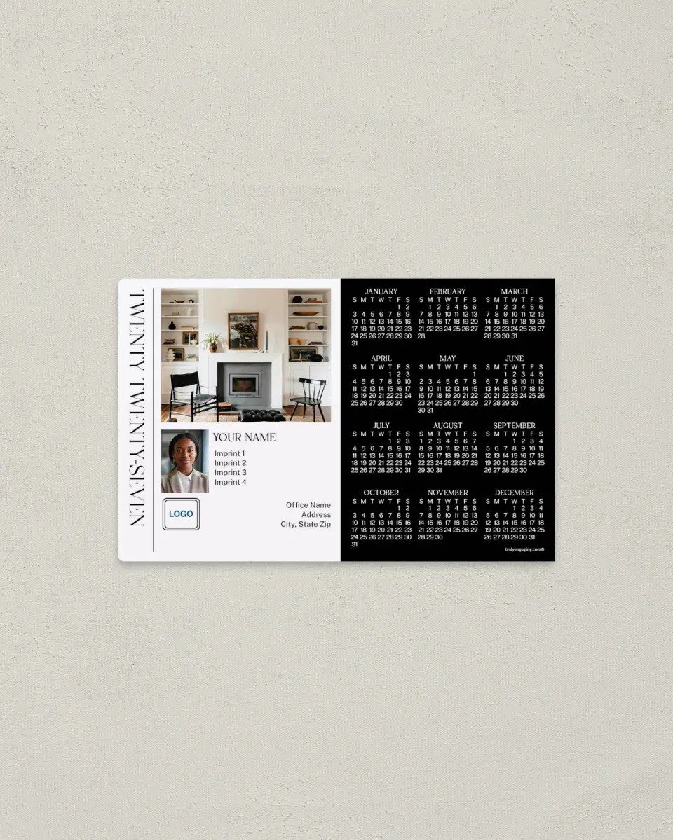 This is a 3.7" x 5.7" Full Magnet Calendar called Contrast Living printed in full color with a Standard Gloss finish
