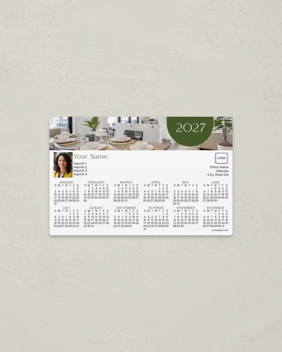 This is a 3.7" x 5.7" Full Magnet Calendar called Kitchen Table Reflections printed in full color with a Standard Gloss finish