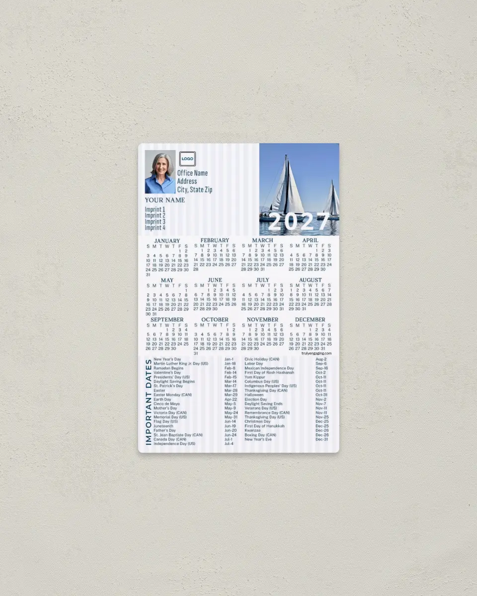 This is a 3.7" x 5.7" Full Magnet Calendar called Nautical Voyage printed in full color with a Standard Gloss finish