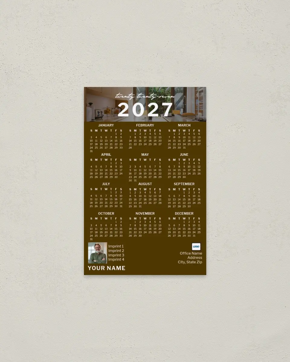 This is a 3.7" x 5.7" Full Magnet Calendar called Modern Umber printed in full color with a Standard Gloss finish