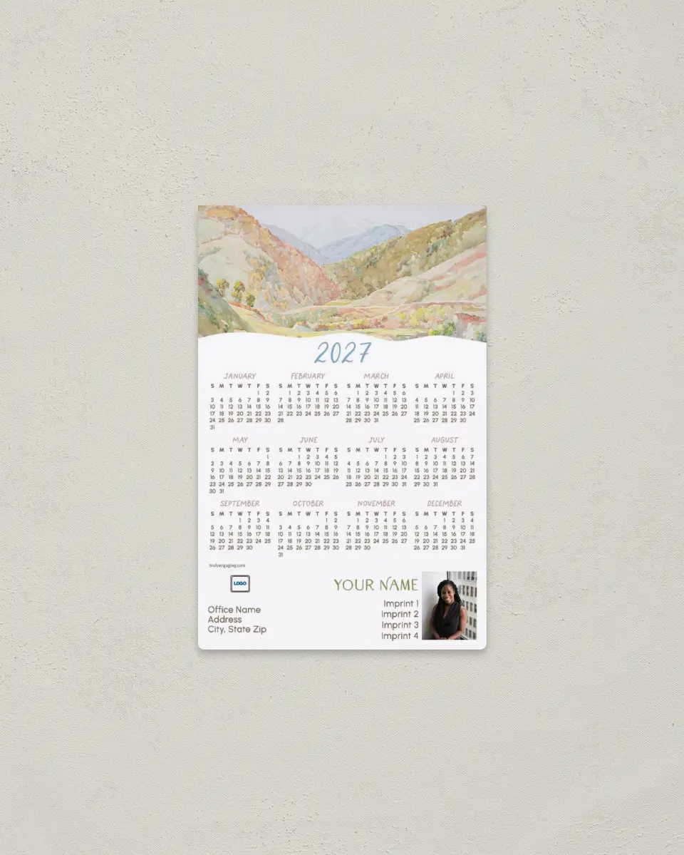 This is a 3.7" x 5.7" Full Magnet Calendar called Over the Peaks printed in full color with a Standard Gloss finish