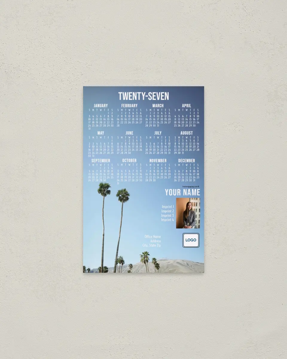 This is a 3.7" x 5.7" Full Magnet Calendar called Desert Trees printed in full color with a Standard Gloss finish