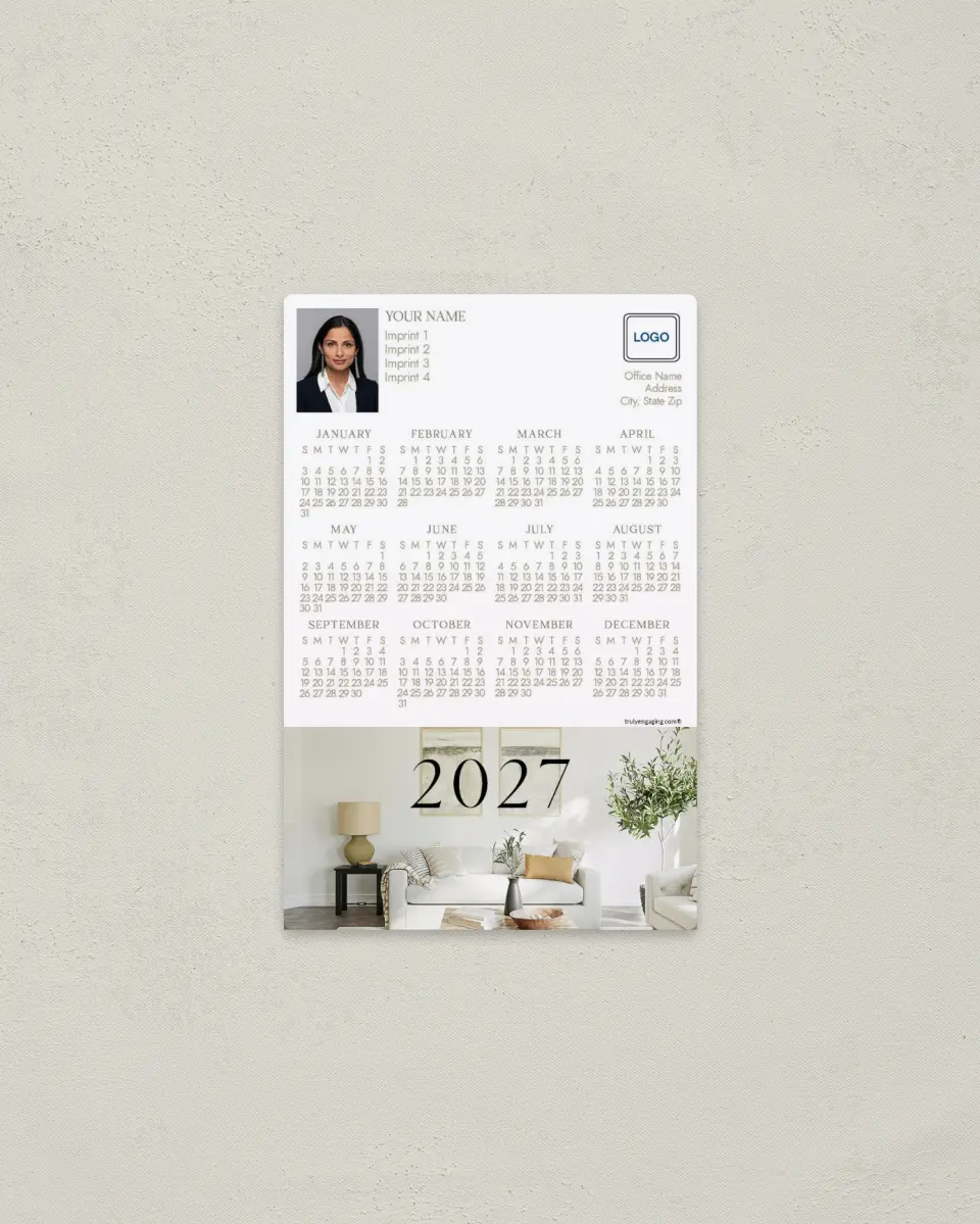 This is a 3.7" x 5.7" Full Magnet Calendar called Modern Living printed in full color with a Standard Gloss finish
