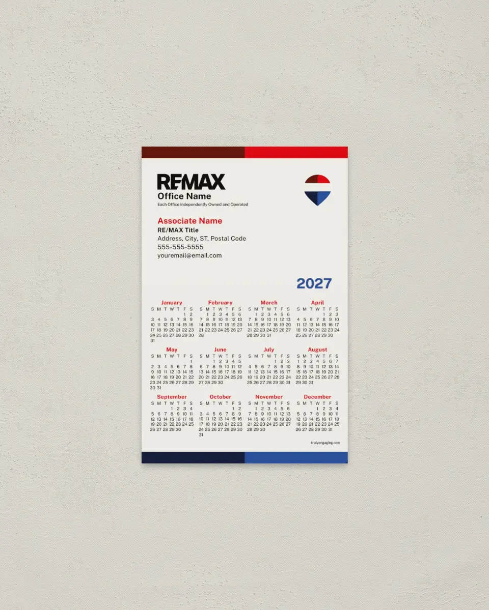 This is a 3.7" x 5.7" REMAX Calendar called REMAX Bold Bands printed in full color with a Standard Gloss finish