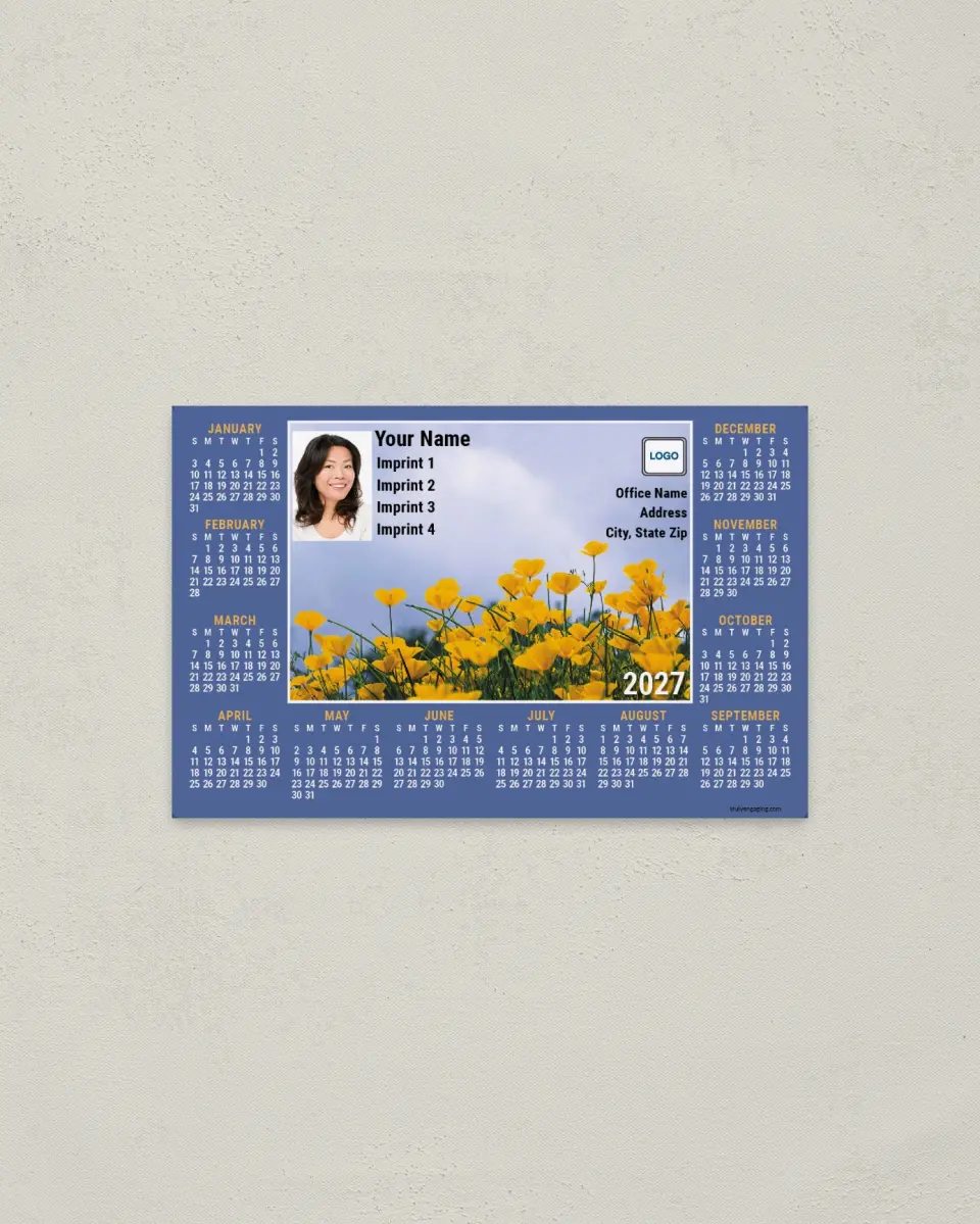 This is a 3.7" x 5.7" Full Magnet Calendar called Poppies with Lavender Border printed in full color with a Standard Gloss finish