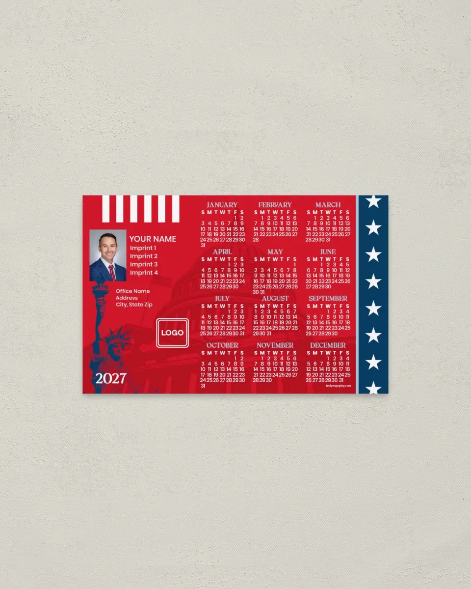 This is a 3.7" x 5.7" Full Magnet Calendar called Stripes & Stars printed in full color with a Standard Gloss finish