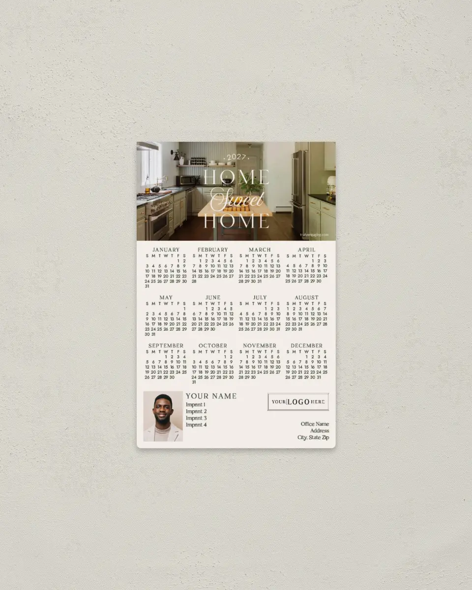 This is a 3.7" x 5.7" Full Magnet Calendar called Sweetly Home printed in full color with Gold foil and a Soft Touch finish