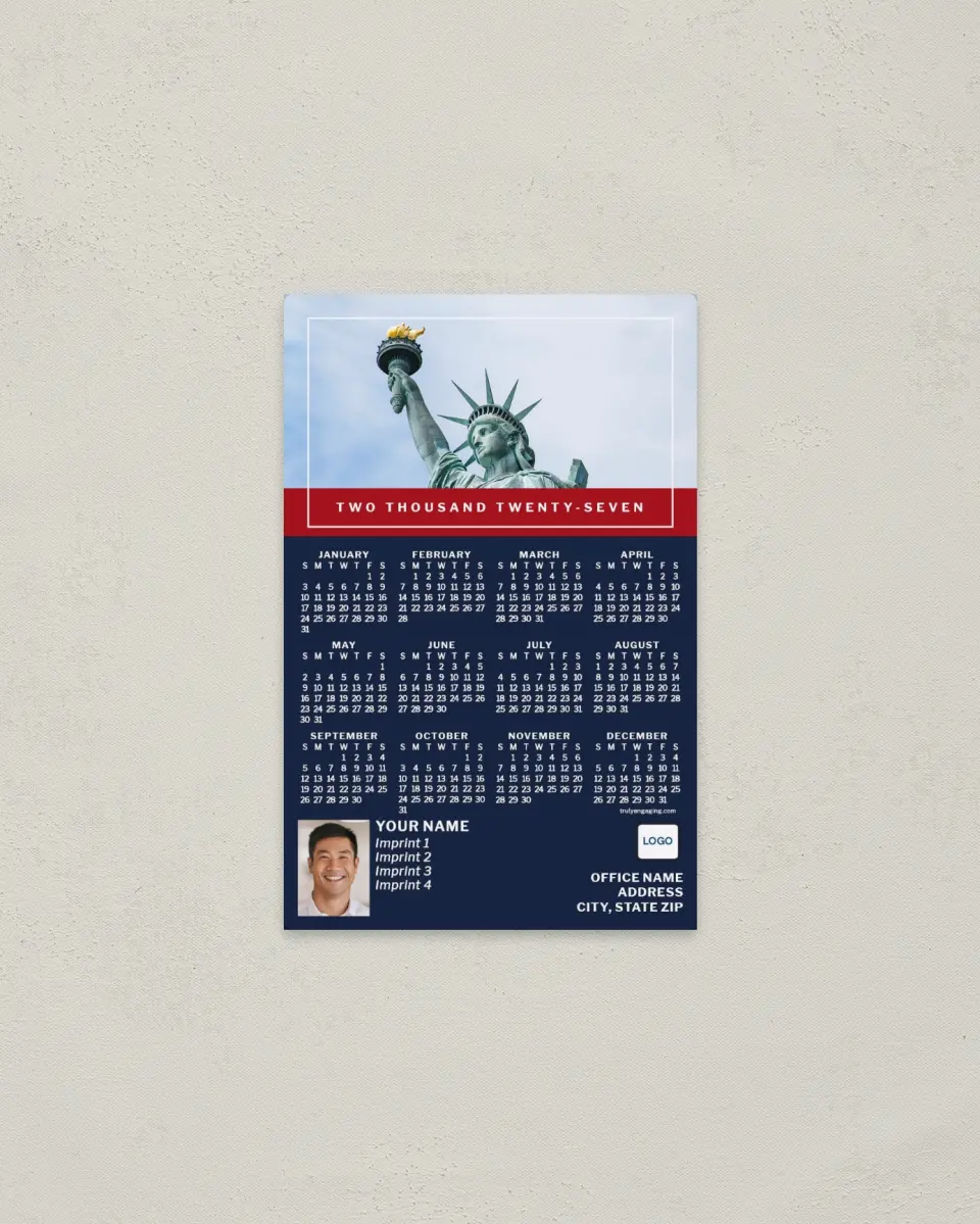 This is a 3.7" x 5.7" Full Magnet Calendar called Lady Liberty printed in full color with a Standard Gloss finish