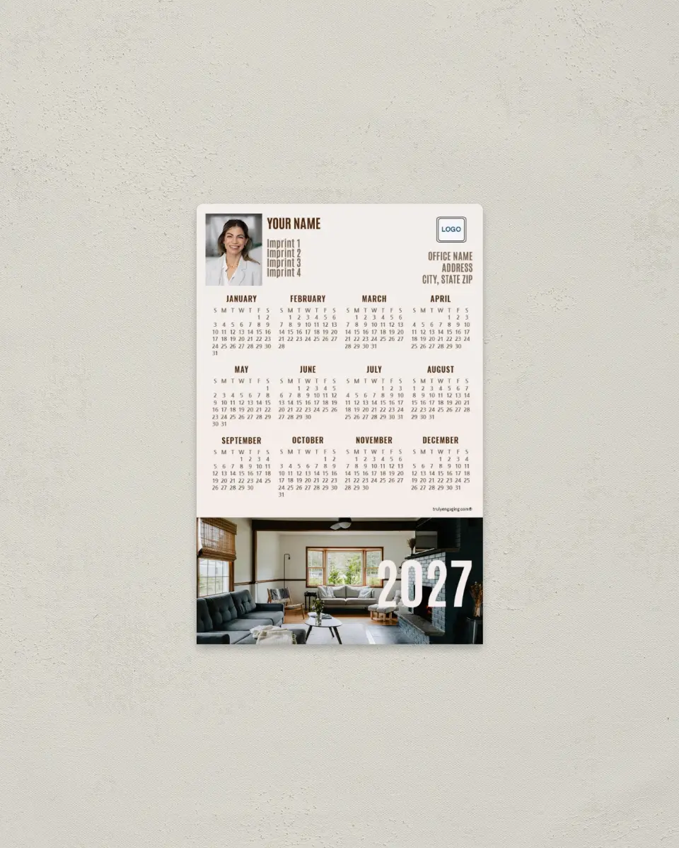 This is a 3.7" x 5.7" Full Magnet Calendar called Moody Interior printed in full color with Gold foil and a Soft Touch finish