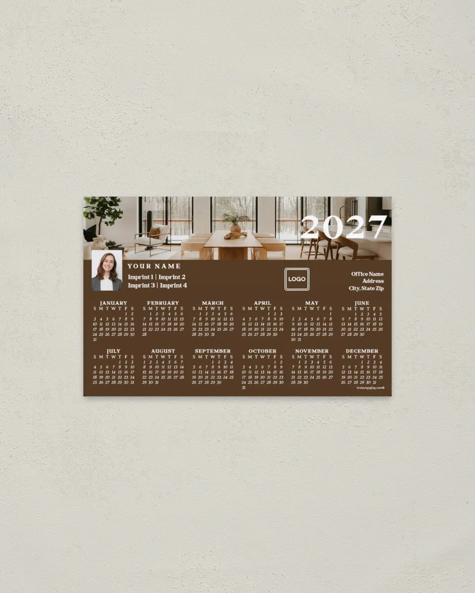 This is a 3.7" x 5.7" Full Magnet Calendar called Scandinavian Haven printed in full color with Gold foil and a Soft Touch finish