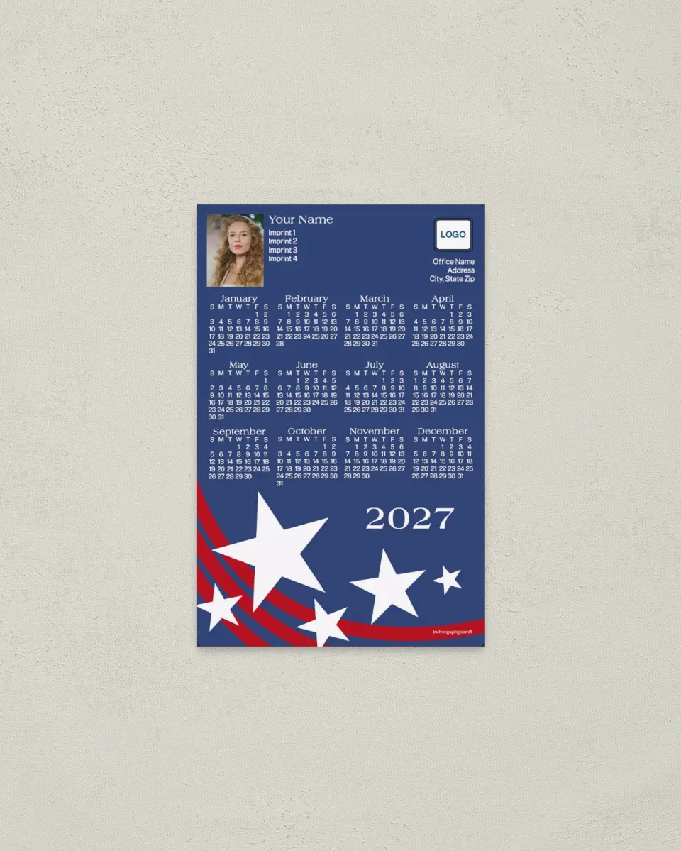 This is a 3.7" x 5.7" Full Magnet Calendar called Land of the Free printed in full color with a Standard Gloss finish