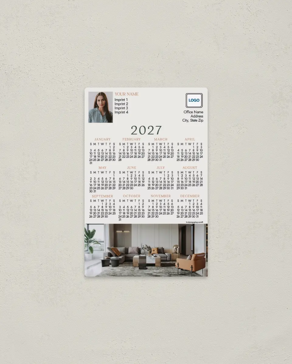 This is a 3.7" x 5.7" Full Magnet Calendar called Clean and Modern printed in full color with Gold foil and a Soft Touch finish