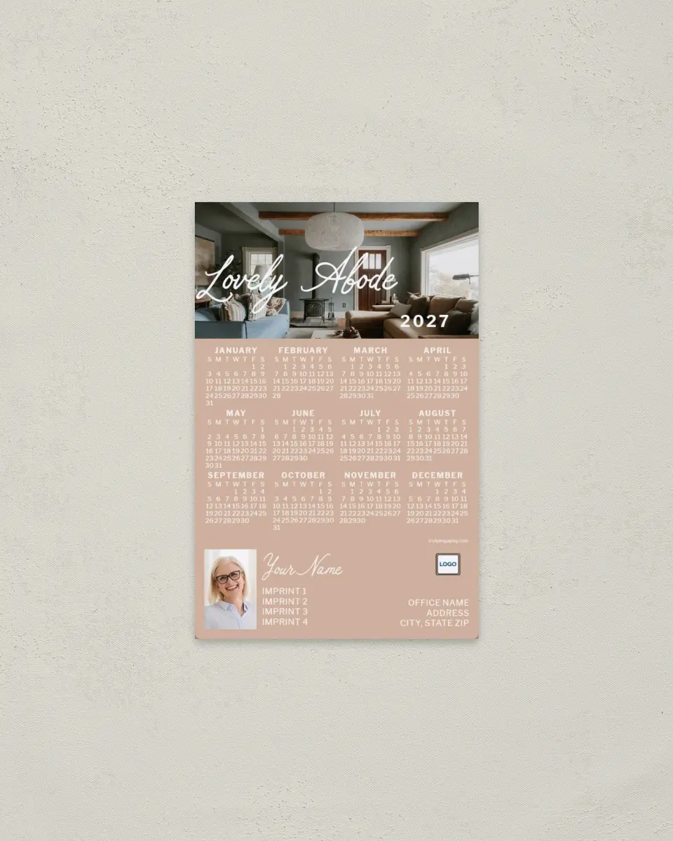 This is a 3.7" x 5.7" Full Magnet Calendar called Lovely Abode printed in full color with Gold foil and a Soft Touch finish