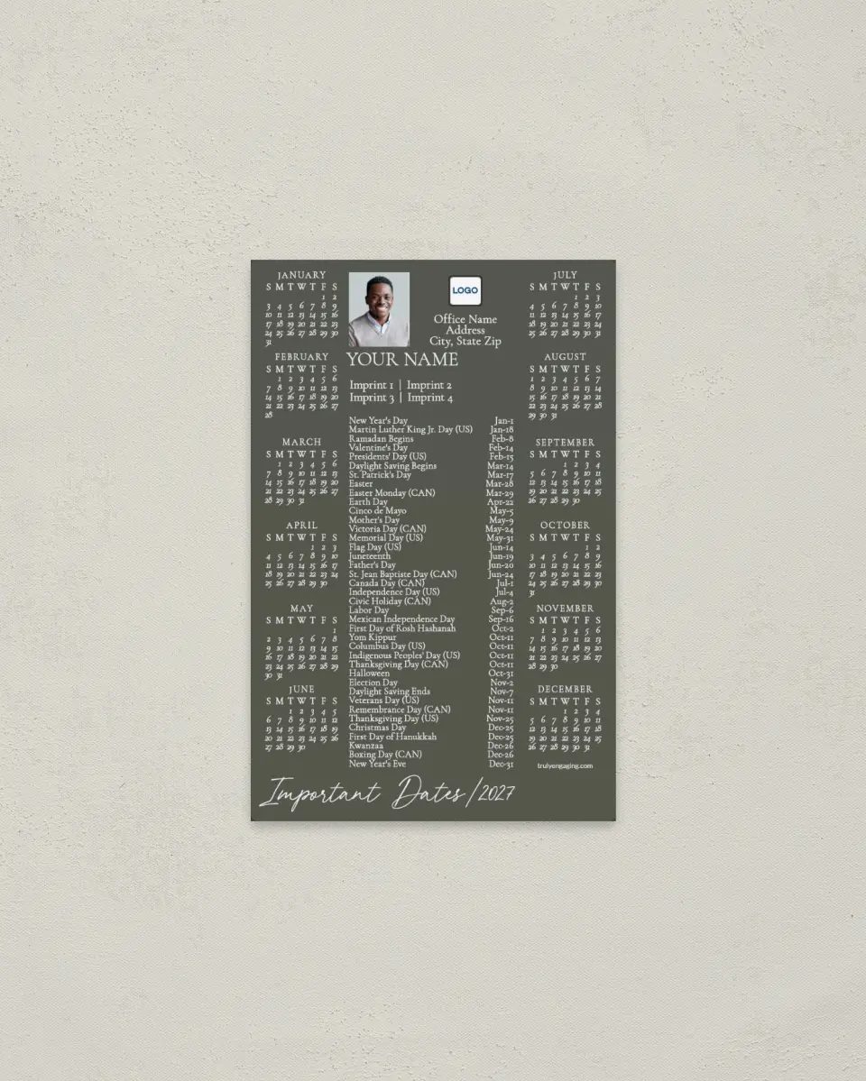 This is a 3.7" x 5.7" Full Magnet Calendar called All The Info printed in full color with Gold foil and a Soft Touch finish